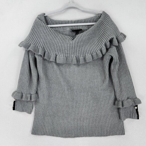 Lane Bryant Sweater Womens 18 Gray Wide Neck Off Shoulder Ruffle Beaded Ribbed - Picture 1 of 12